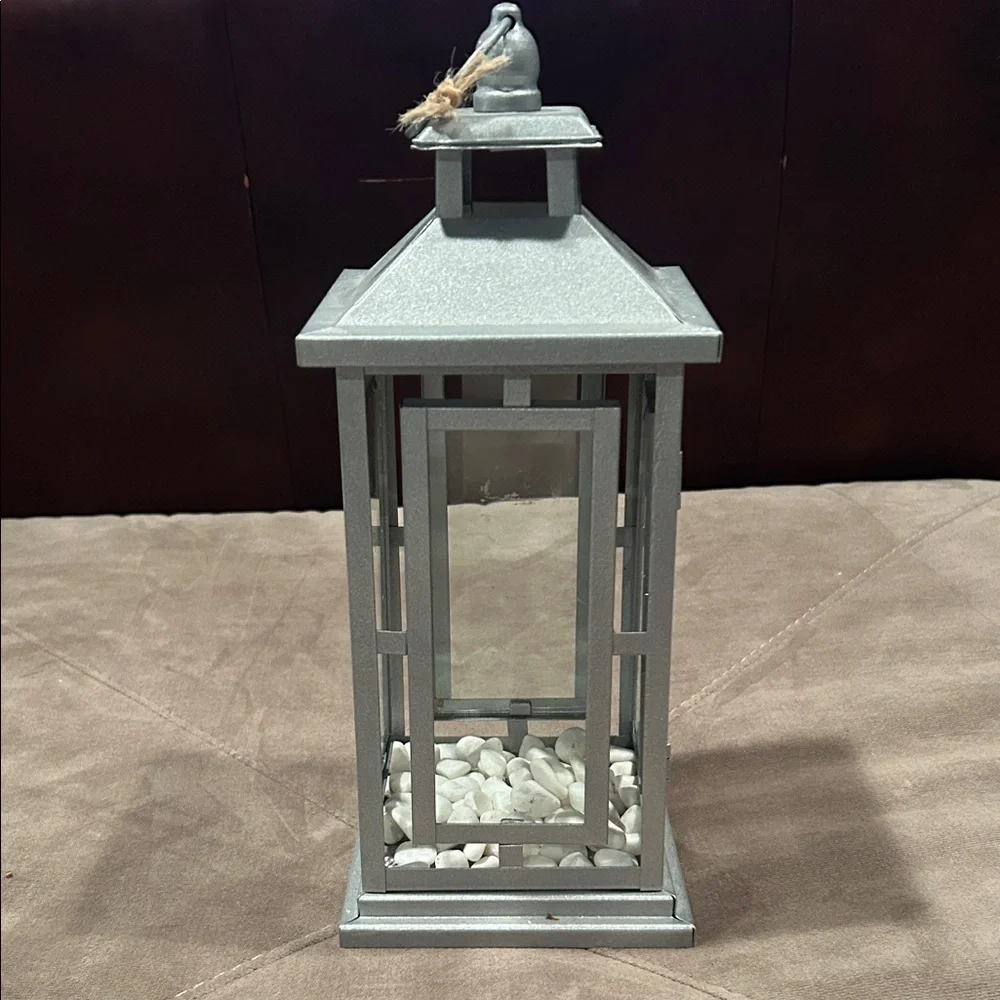 Silver Lantern with White Stones on Bottom latch to open and close